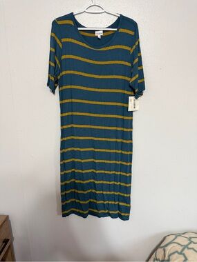 💛 Vibrant & Retro! LuLaRoe Teal Blue & Mustard Yellow Striped Julia Sheath Dres